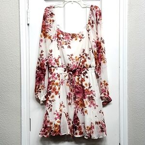 Altar'd State Boho Ivory Floral Long-sleeve Mini Dress, Size S